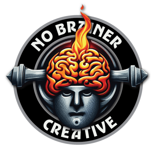 A graphic logo featuring a brain on fire atop a knight's helmet, crossed swords behind, within a black circle bordered by the phrase "no brainer creative.