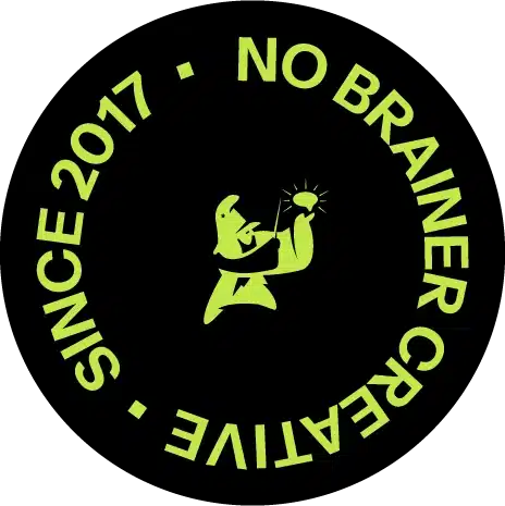 Circular badge featuring a lightbulb-holding figure with the text “No Brainer Creative • Since 2017,” symbolising the agency’s journey and values on the About page.