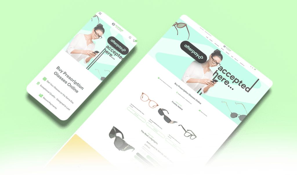Mobile and desktop screens displaying the Ecstasy Eyewear online store, highlighting prescription glasses, stylish frames, and Afterpay options in a clean, user-friendly layout.