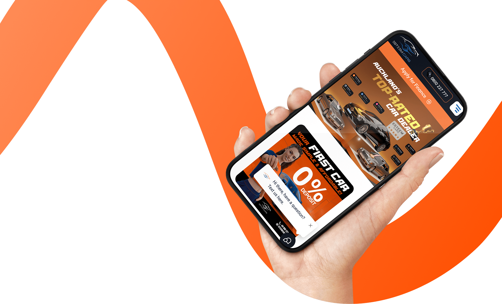 Hand holding a smartphone displaying the Esteem Cars website, featuring top-rated car deals, 0% finance offers, and a vibrant orange theme promoting car sales at Esteem Cars.