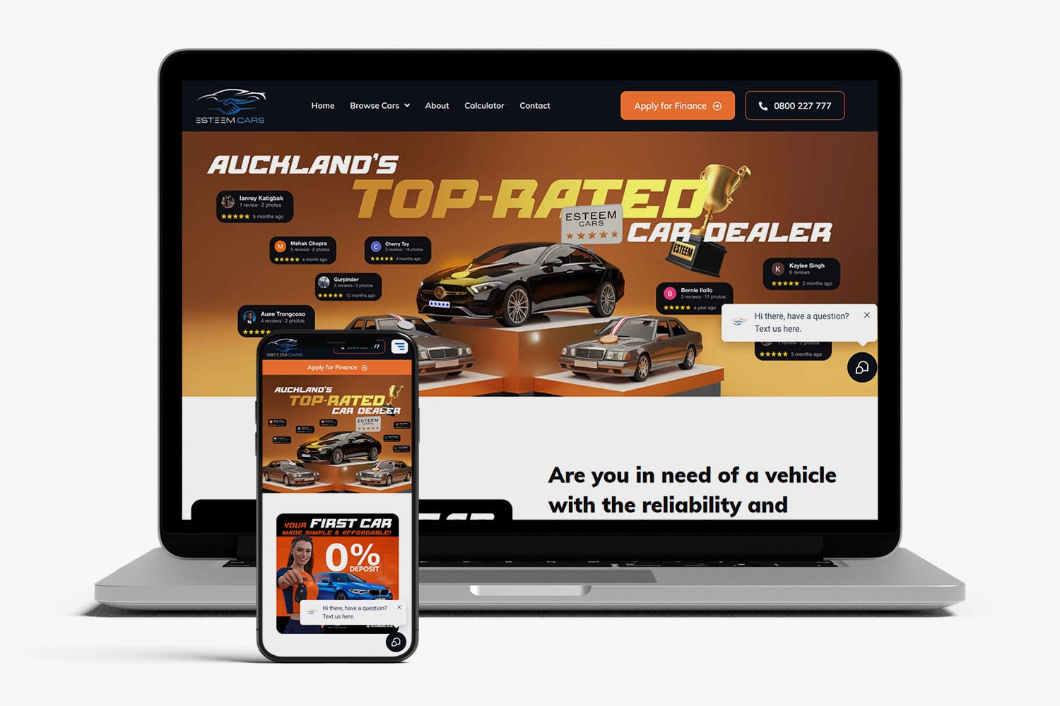 Laptop and smartphone showing the Esteem Cars website with bold text “Auckland’s Top-Rated Car Dealer,” highlighting how Esteem Cars makes car ownership and finance work for every customer through smart deals and reliable service.