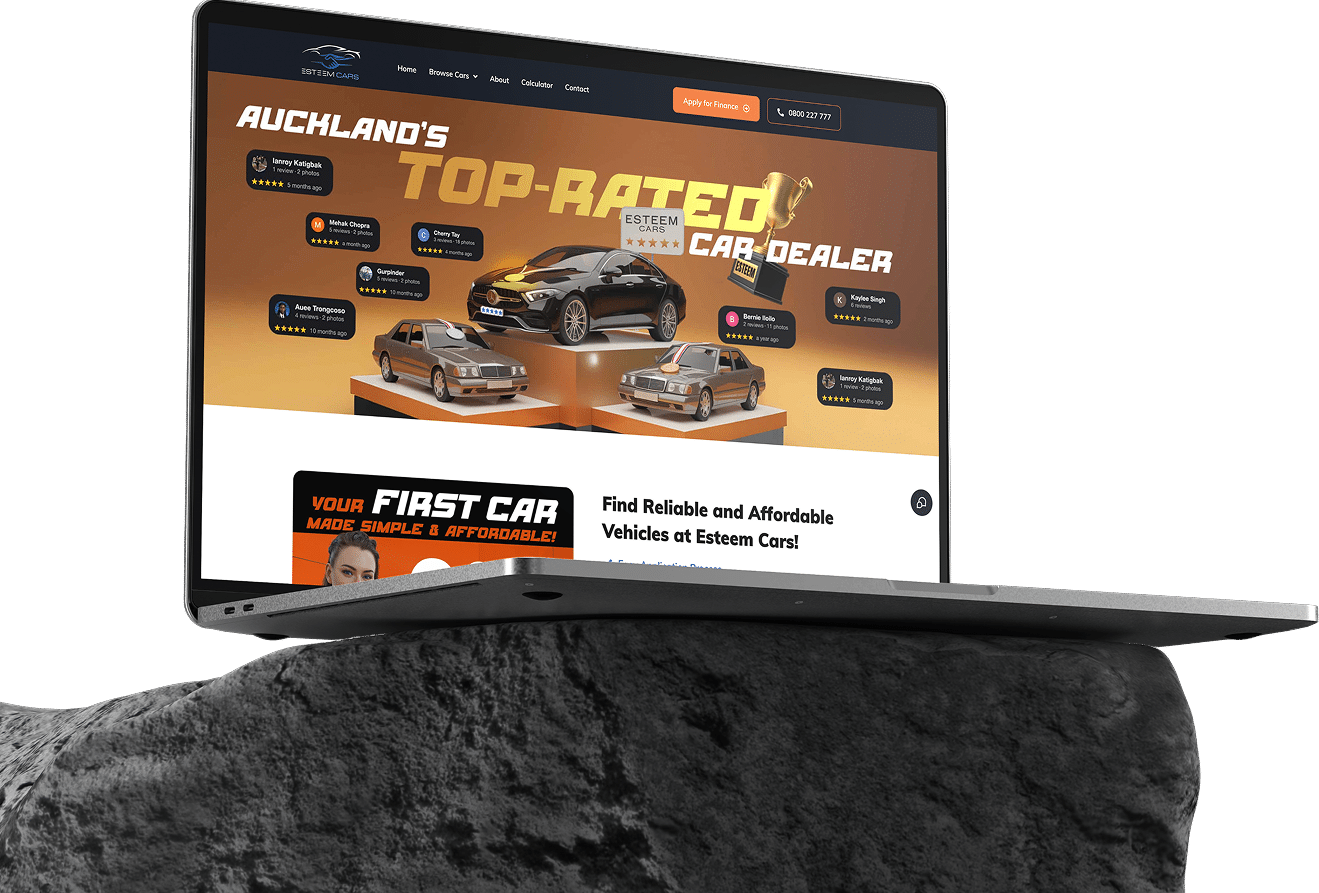 Laptop displaying a responsive car dealership website layout, representing professionally designed free websites that are mobile-friendly, fast, and conversion-focused.