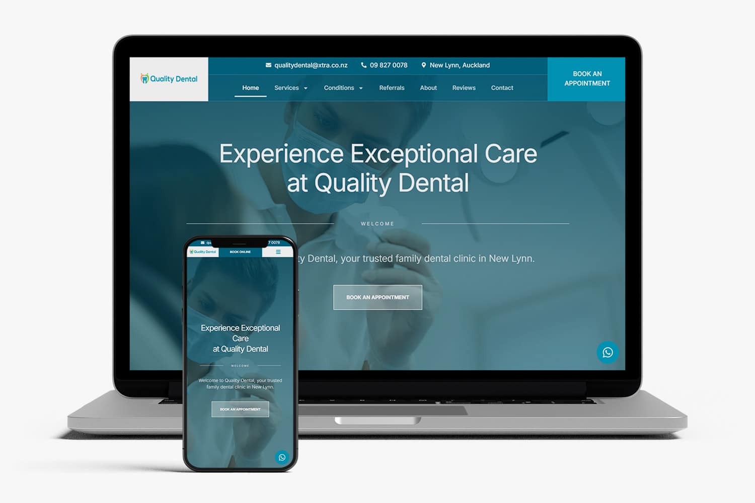 Laptop and smartphone displaying the homepage of the Quality Dental website, highlighting family dental care services in New Lynn with a clear “Book an Appointment” call-to-action.